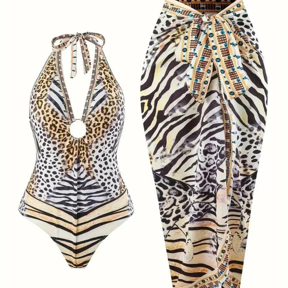Leopard & Zebra Print 2 Piece Swimsuits (Color: KHAKI)